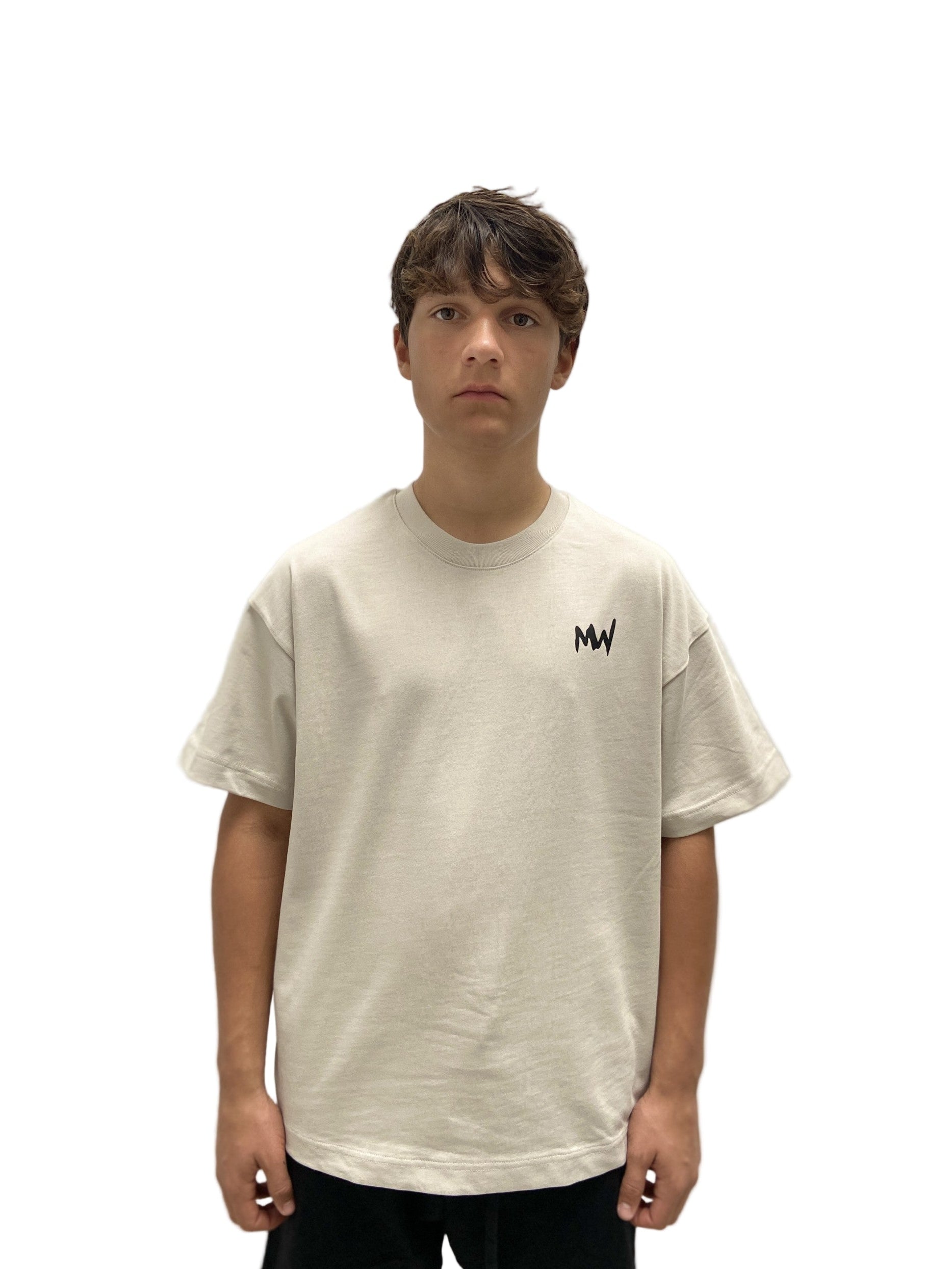 Streetwear latest trend Person wearing a beige t-shirt with a logo on a plain background