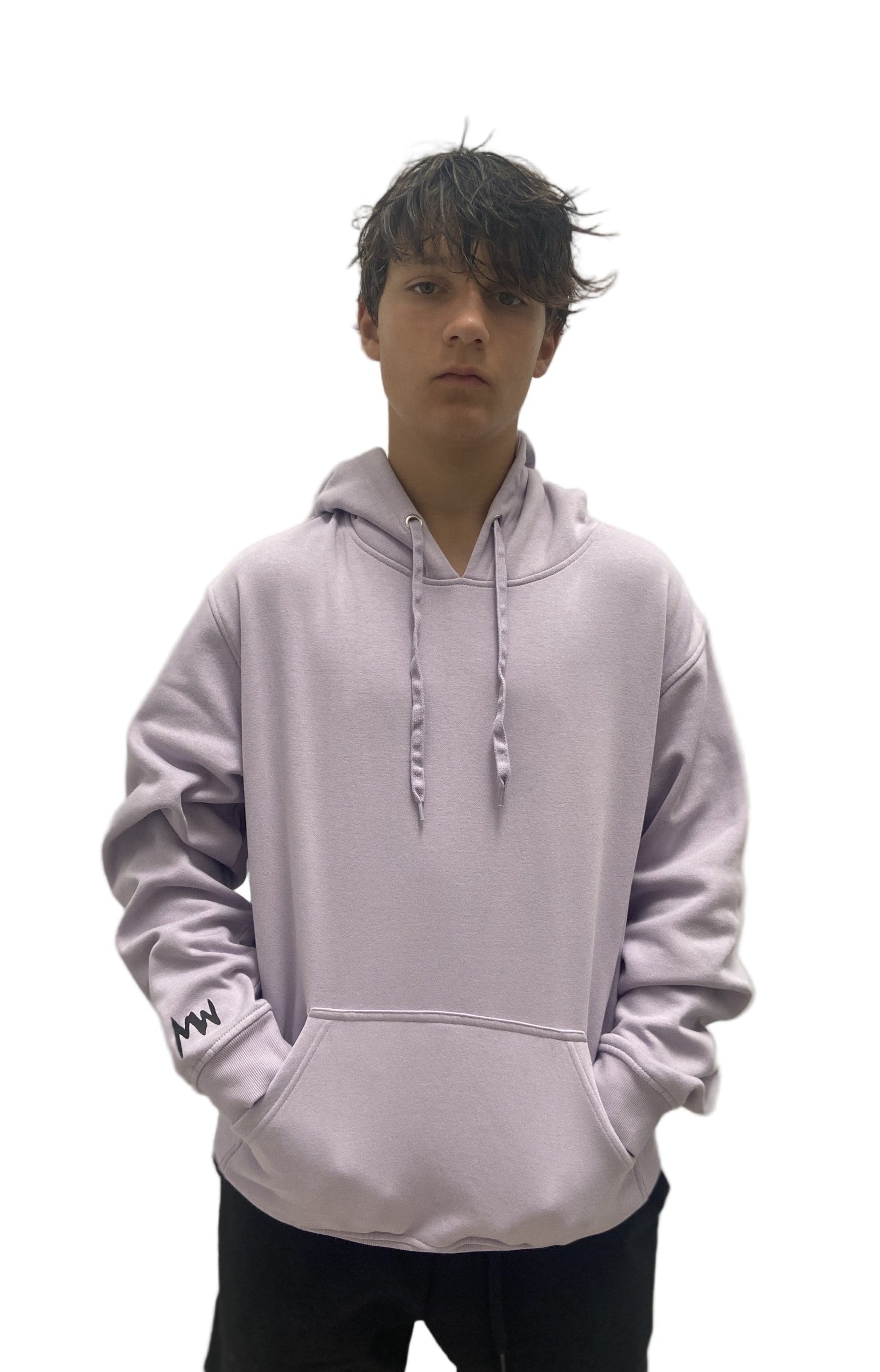 Person wearing a light purple hoodie with a logo on a plain background